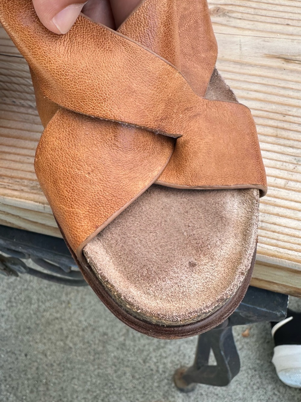 Women's Tan Leather Crisscross Slide Heels need cleaning